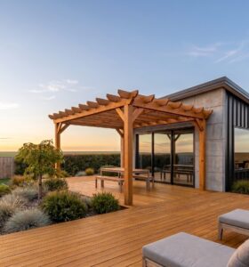 Custom timber deck and wooden pergola structure built by Christchurch landscaping and outdoor wood work specialists.
