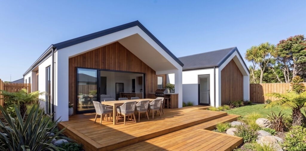 Custom timber deck installation enhancing a modern outdoor living space in Christchurch.
