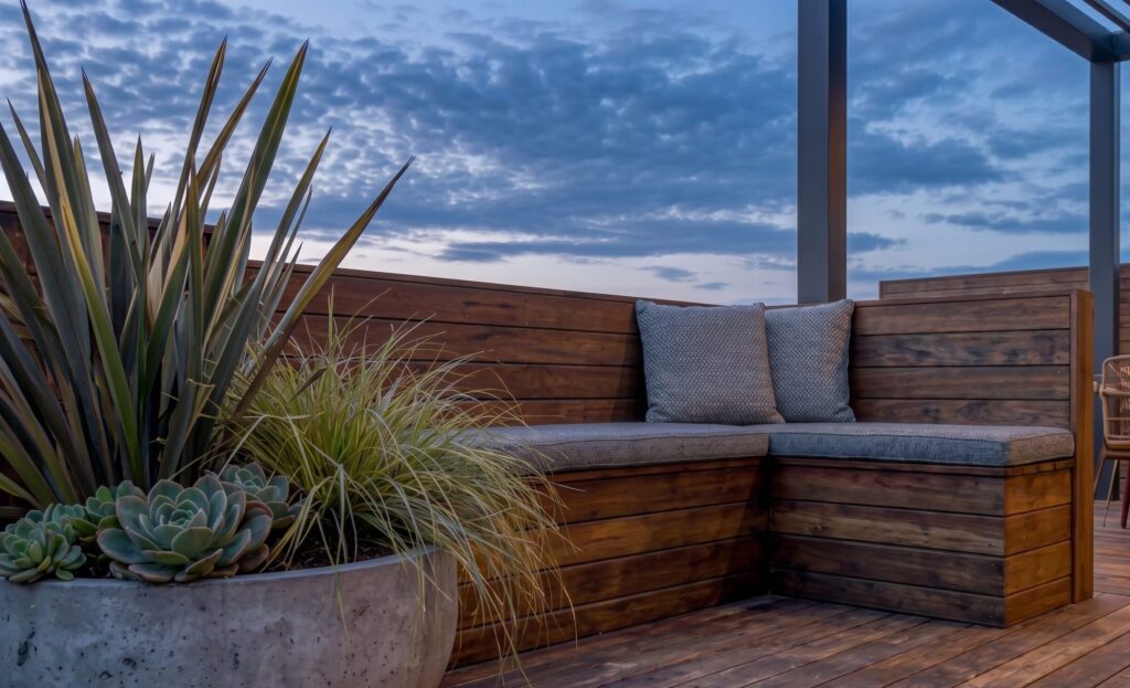 Built-in timber seating on a modern deck, a staple of sustainable