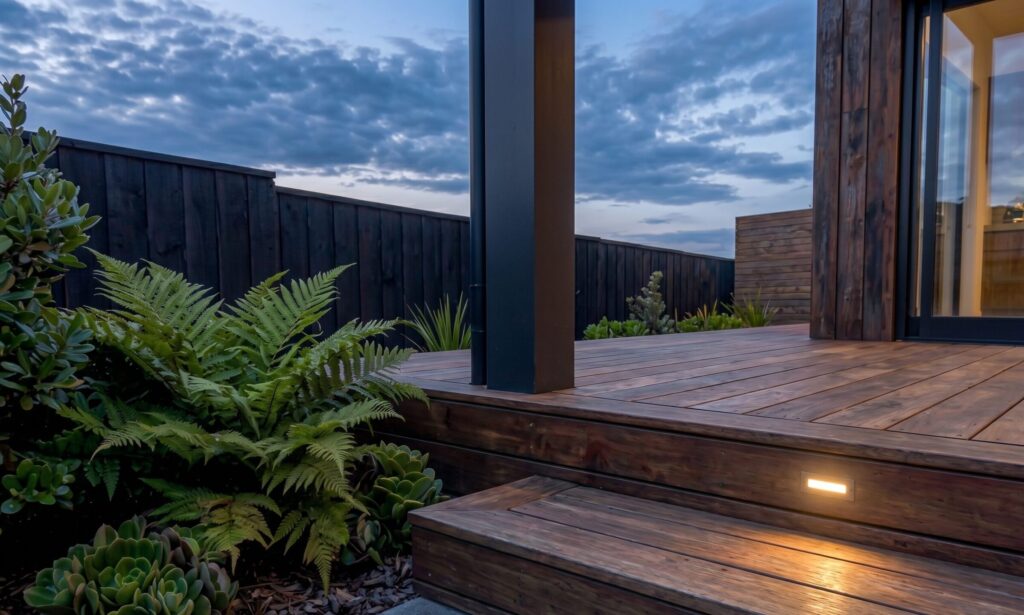 Detailed craftsmanship of a timber deck and dark pergola post by Christchurch landscaping builders.