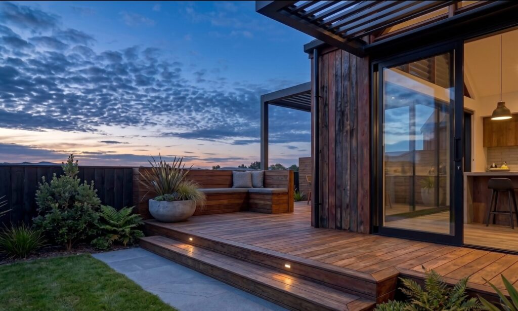 Beautifully lit wooden deck and pergola showcasing premium evening landscaping in Christchurch.