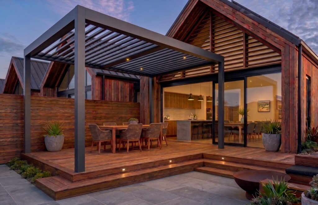 Wooden deck with pergola built by expert landscaping team in christchurch